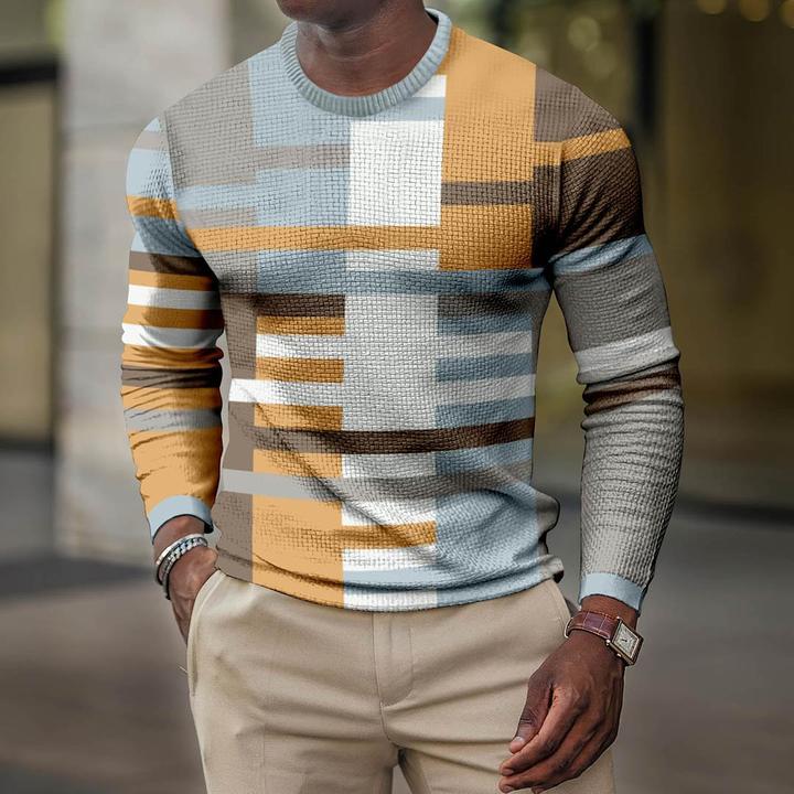 LONG SLEEVE FASHION CONTRAST COLOR ROUND NECK MEN'S TOP - Image 3