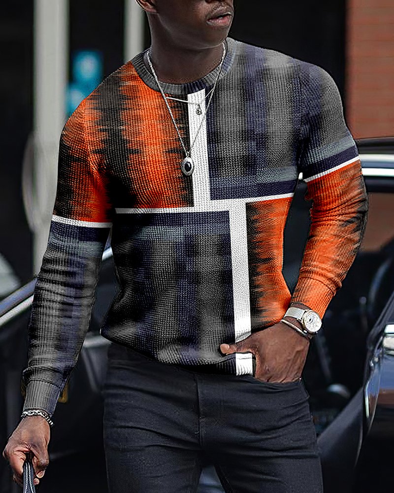 LONG SLEEVE FASHION CONTRAST COLOR ROUND NECK MEN'S TOP - Image 2