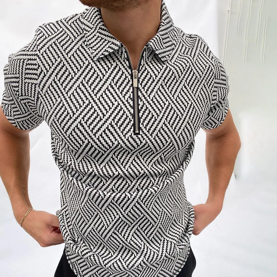 Herringbone Jacquard Zip-up Polo Shirt - Image 2