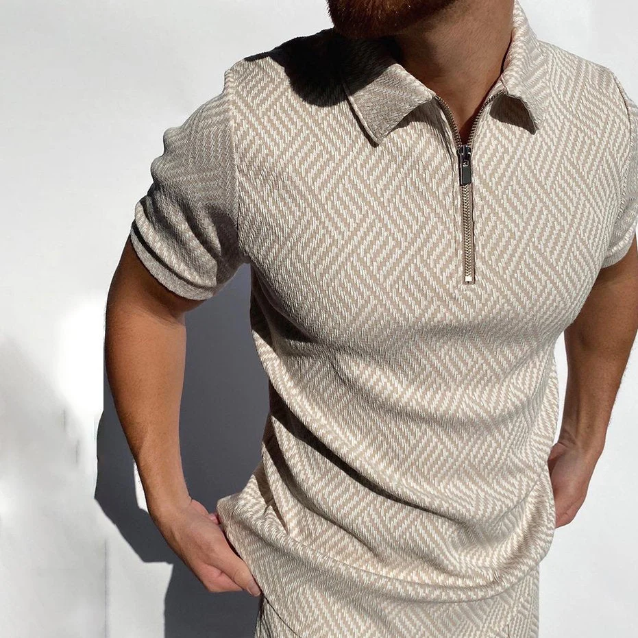 Herringbone Jacquard Zip-up Polo Shirt - Image 3
