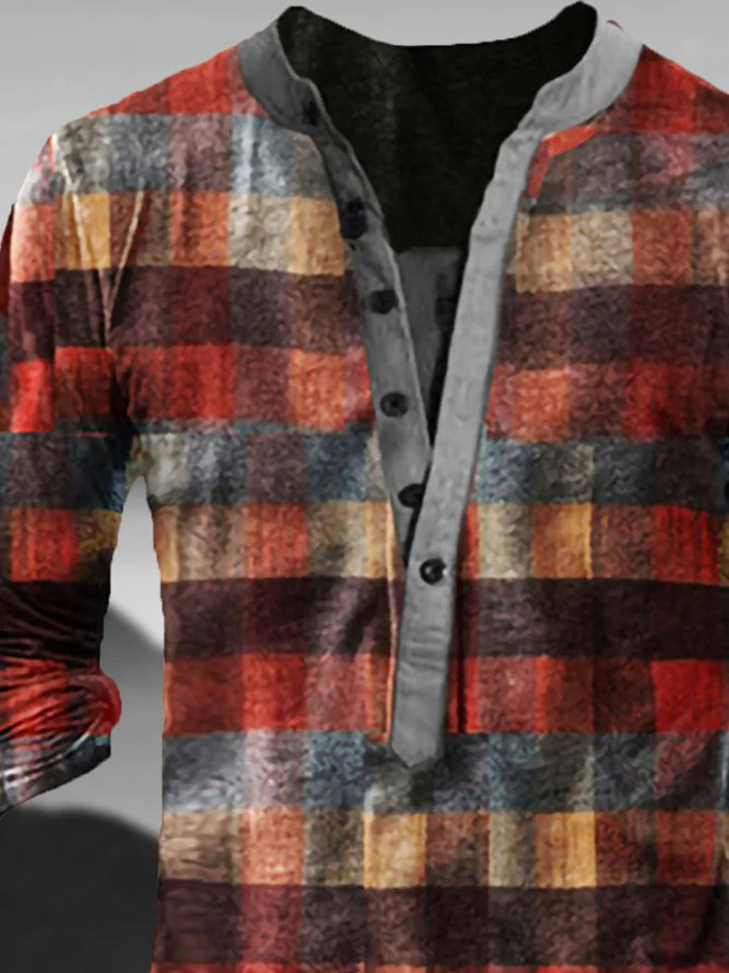 Men's Plaid Half Cardigan Long Sleeve T-Shirt - Image 2