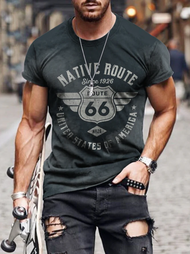 Men's Route 66 Cultural Graphic Print Round Neck Short Sleeve Tee