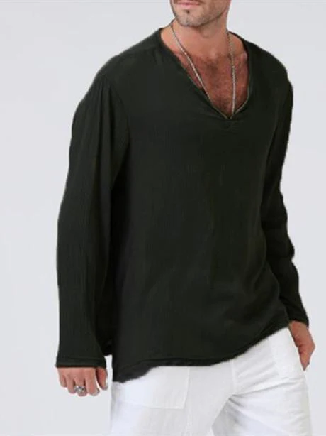Linen ethnic style loose men's V-neck solid color long-sleeved t-shirt - Image 7