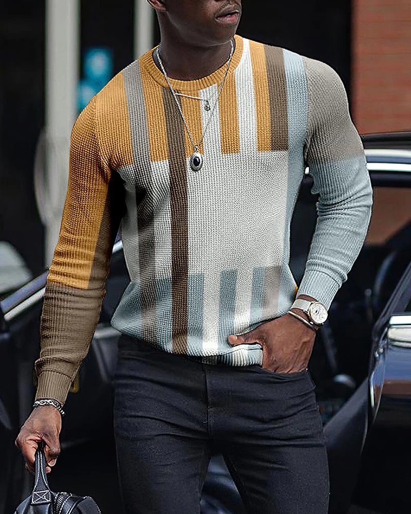 LONG SLEEVE FASHION CONTRAST COLOR ROUND NECK MEN'S TOP - Image 2