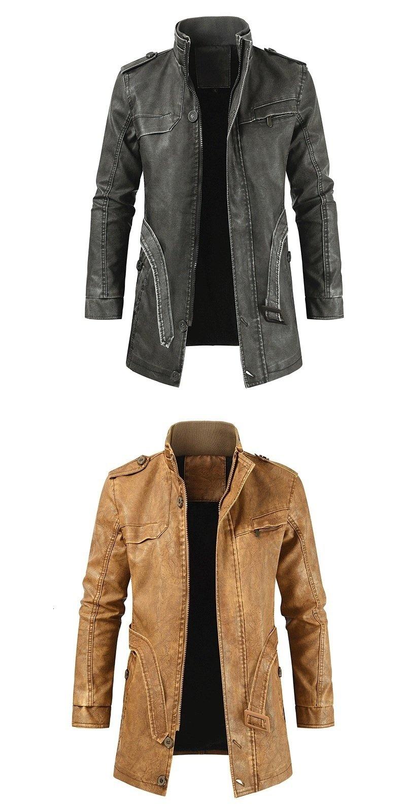 Men Long Thick Fleece Leather Jacket Parkas Men Outfit Warm Pockets Faux Leather Jacket - Image 13