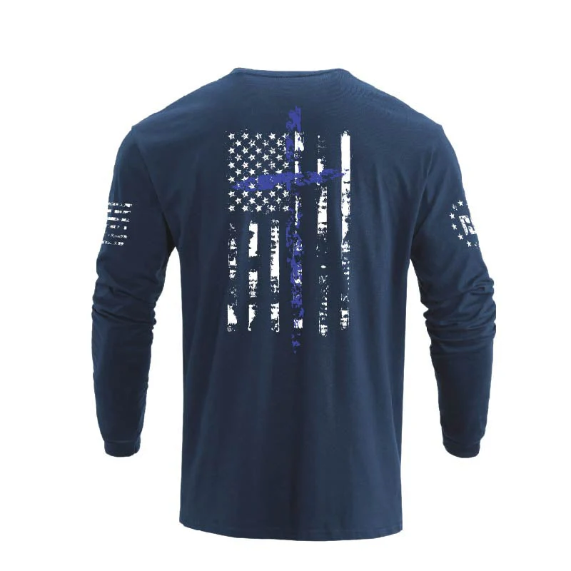 Men's 100% Cotton American Flag Cross Overlay Long Sleeve T-Shirt - Image 21