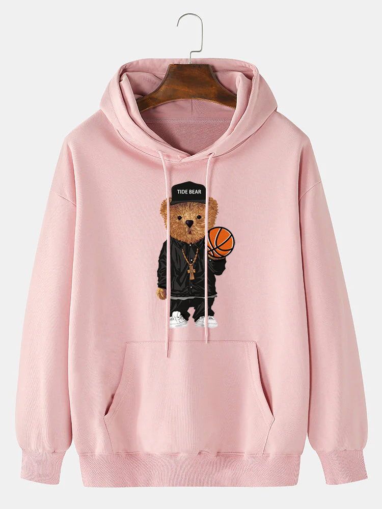 Mens 100% Cotton Cartoon Bear Print Kangaroo Pocket Hoodies - Image 3