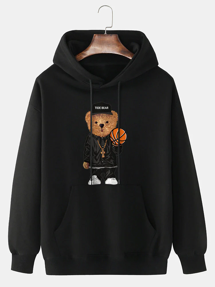Mens 100% Cotton Cartoon Bear Print Kangaroo Pocket Hoodies - Image 5