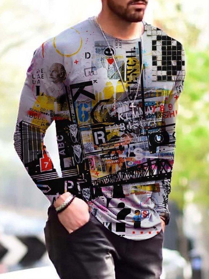 Men's Abstract Vintage Painting Print Long Sleeve T-shirt - Image 4