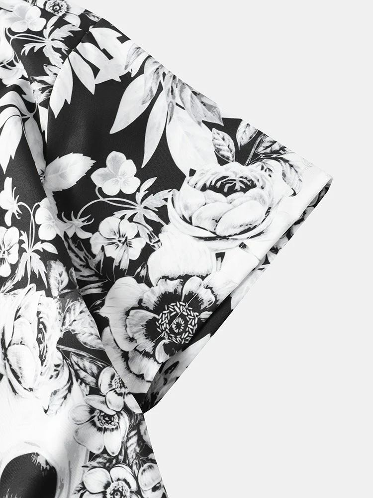 Mens All Over Skull Floral Print Lapel Short Sleeve Halloween Shirts - Image 4