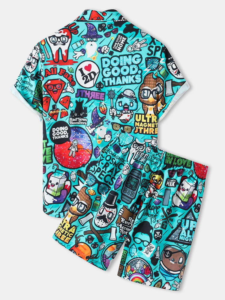 Mens Allover Funny Cartoon Print Loose Casual Two Pieces Outfits - Image 2