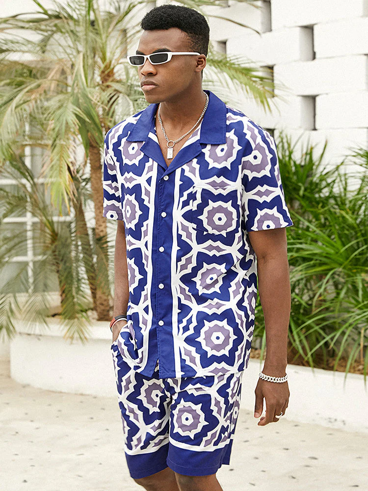 Mens Blue Baroque Print Revere Collar Short Sleeve Shirt & Shorts Co-ords - Image 3
