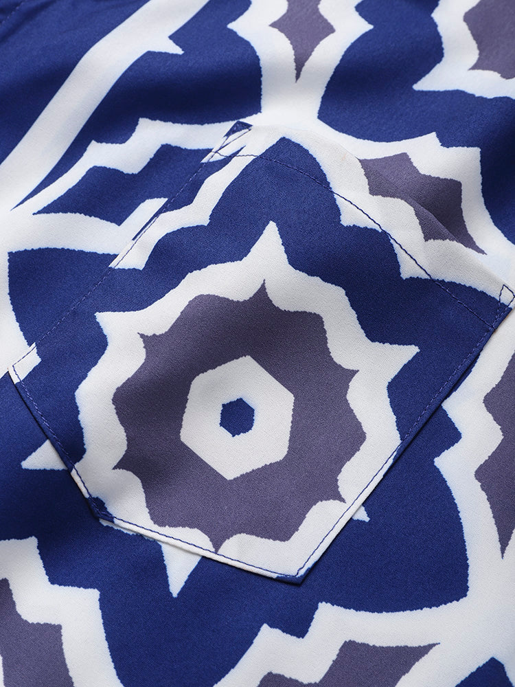 Mens Blue Baroque Print Revere Collar Short Sleeve Shirt & Shorts Co-ords - Image 6