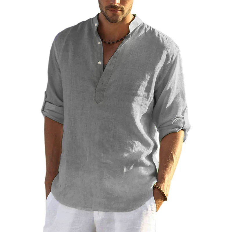 Men's casual cotton and linen solid long-sleeved shirt - Image 3
