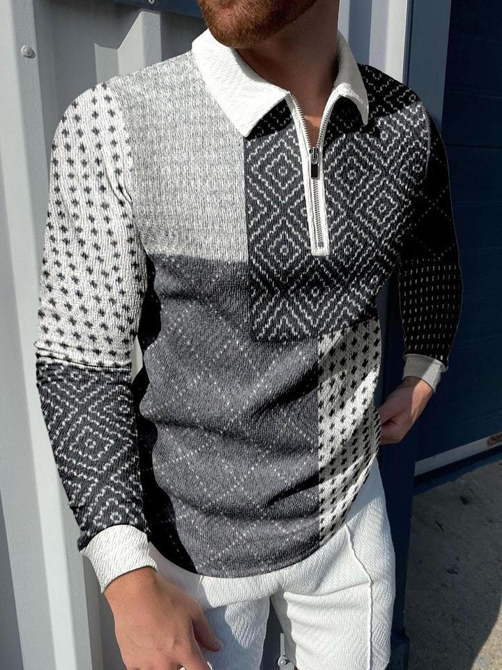 Men's casual retro geometric long-sleeved polo shirt - Image 3
