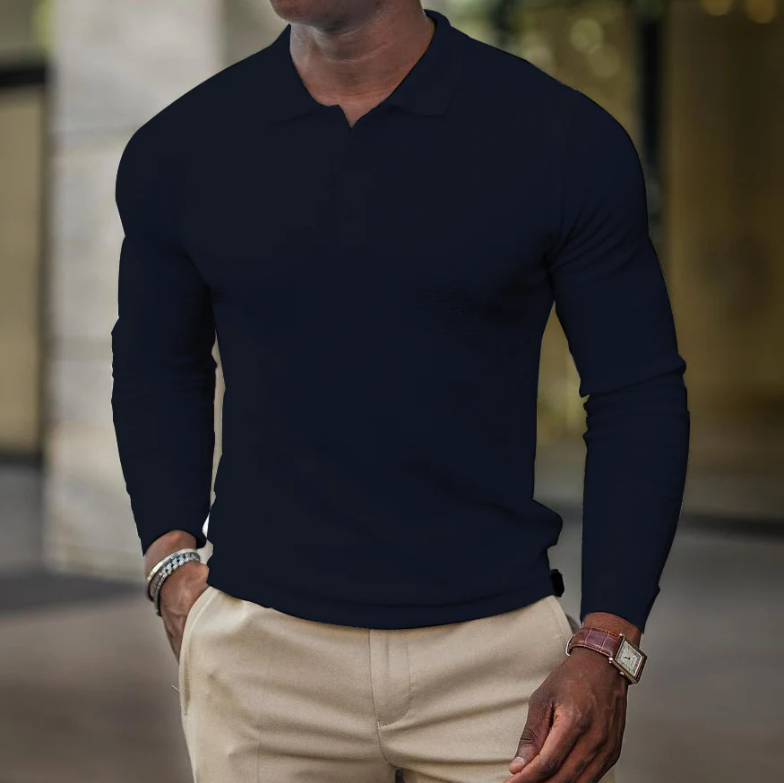 Men's Casual Solid Color Long-sleeved Polo Shirt - Image 2