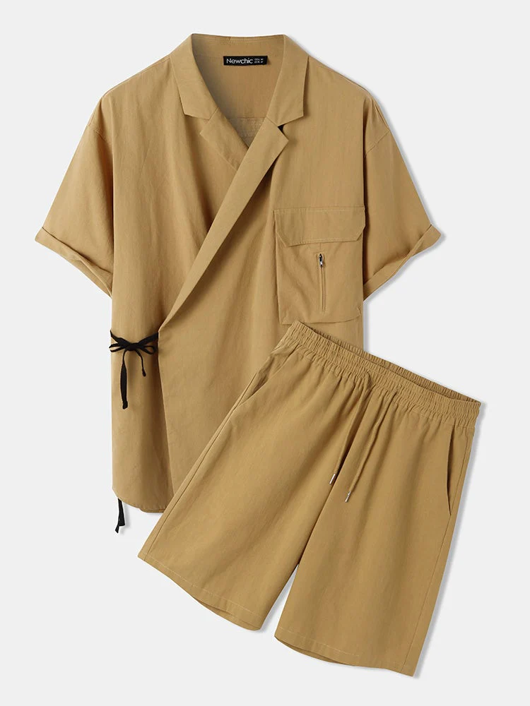 Mens Casual Wrap Tie Side Top Solid 100% Cotton Two Pieces Outfits - Image 2