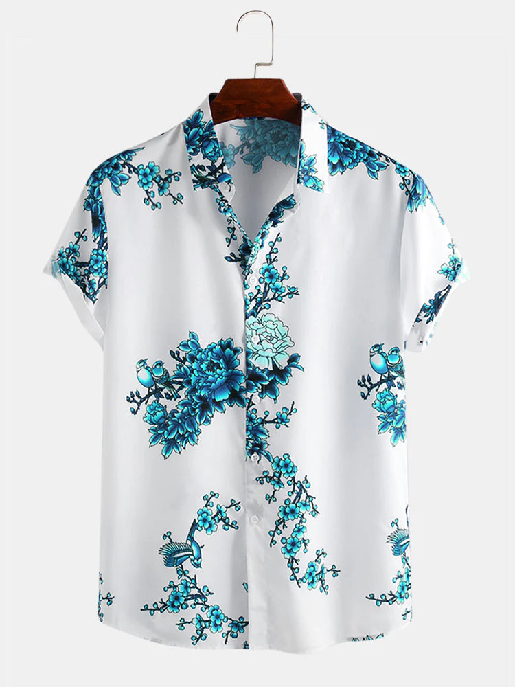 Mens Chinese Style Porcelain Floral Printed Short Sleeve Turn Down Collar Casual Shirt - Image 11