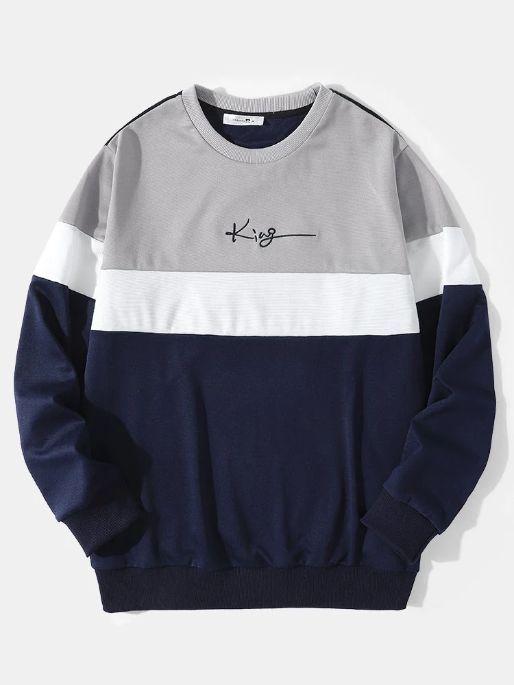 Mens Colorblock Panel Stitching Letter Embroidery Sweatshirt Preppy Two Pieces Outfits - Image 3