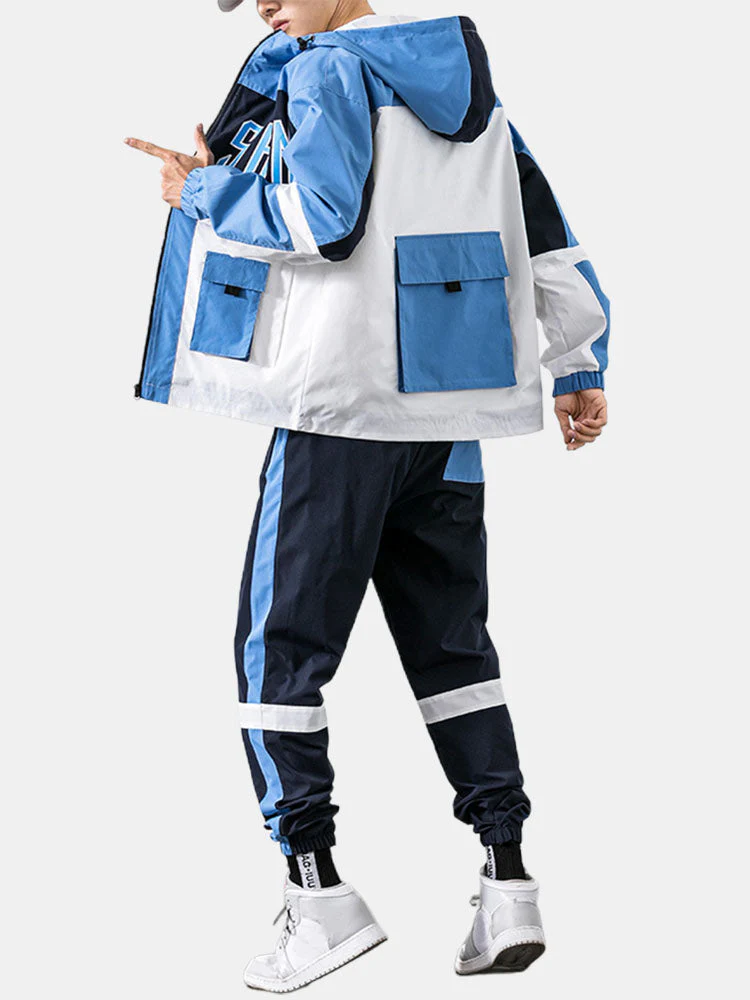 Mens Colorblock Patchwork Letter Print Street Hooded Jacket Two Pieces Outfits - Image 3