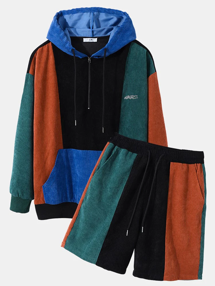 Mens Corduroy Color Block Stitching Half Zip Hoodie Two Pieces Outfits - Image 12