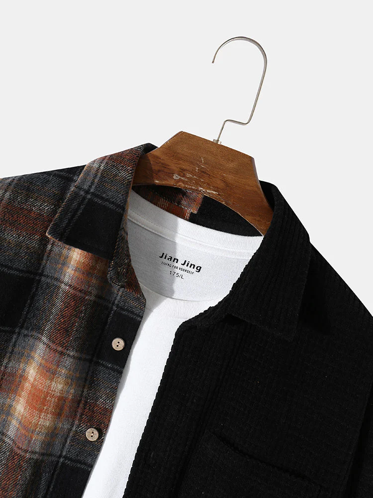 Mens Corduroy Plaid Stitching Button Up Casual Long Sleeve Shirts - Image 4
