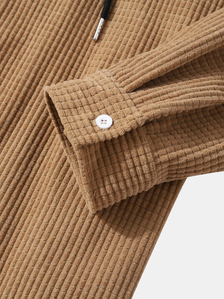 Mens Corduroy Two Tone Patchwork Preppy Drawstring Hooded Shirts - Image 11
