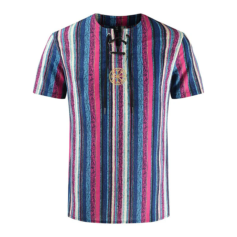 Men's Cotton Linen V-neck T-shirt with Bandage Summer Vintage Printed - Image 3