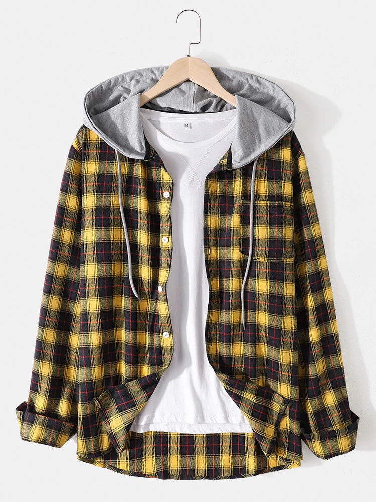 Mens Cotton Plaid Button Up Long Sleeve Casual Drawstring Hooded Shirts - Image 3