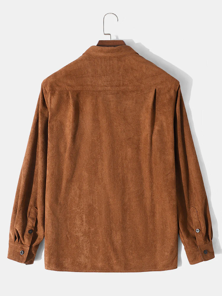 Mens Faux Suede Flap Pocket Lapel Solid Casual Long Sleeve Shirts - Image 2