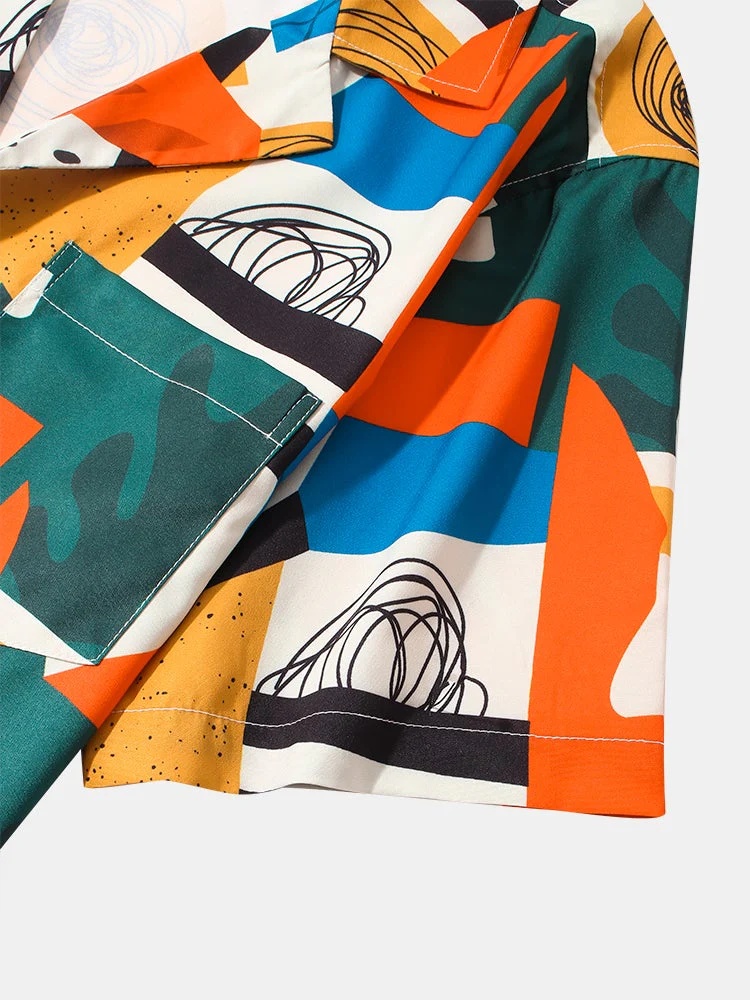 Mens Graffiti Geometry Graphics Colorblock Pocket Short Sleeve Shirt - Image 4