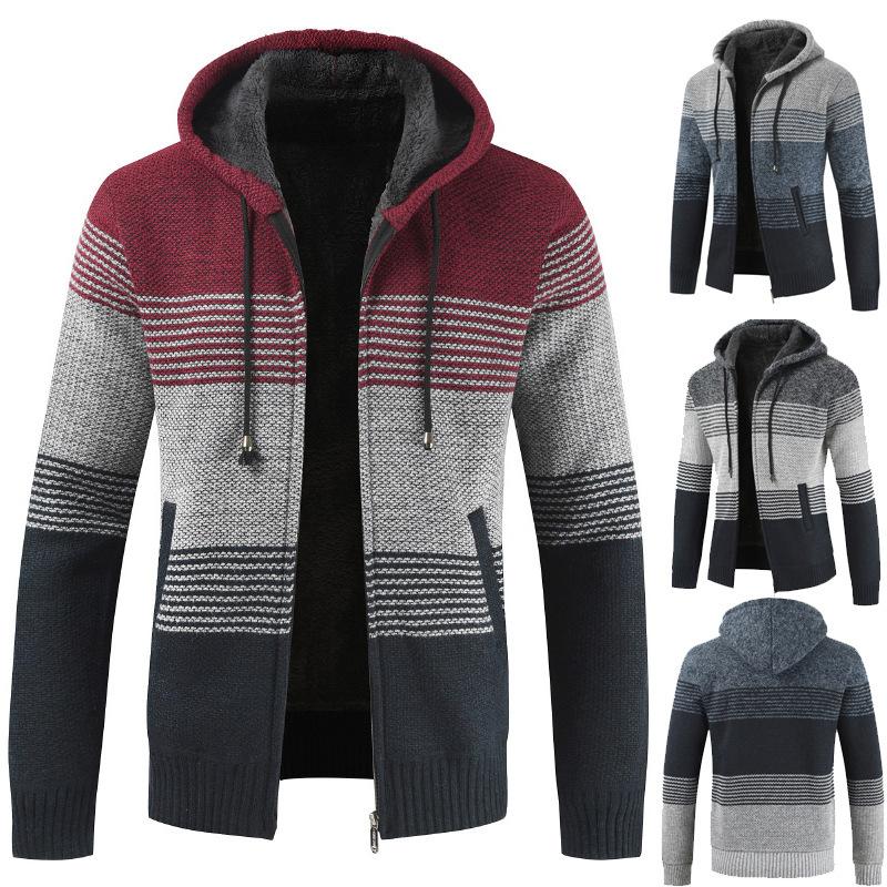 Mens Hooded Sweater Cardigan Loose Plus Fleece Thicken Colorblock Knit Sweater Jacket - Image 7