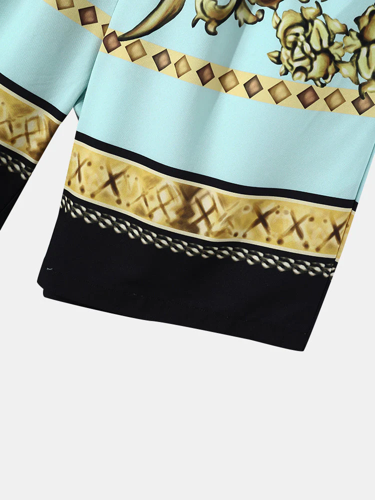 Mens Luxury Baroque Print Short Sleeve Drawstring Two Piece Outfits - Image 9