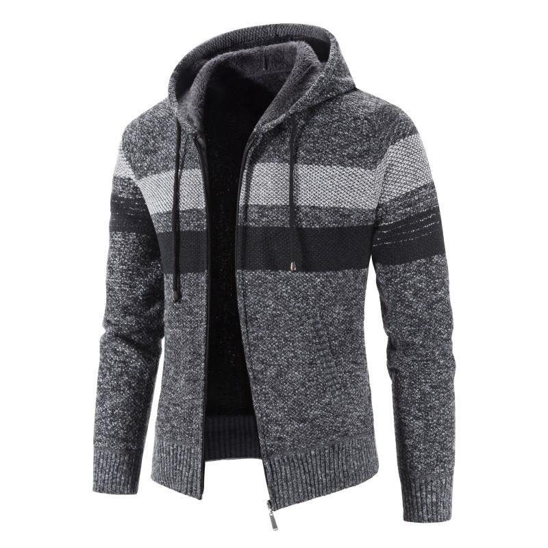 Mens Plus Fleece Sweater Cardigan Plus Size Hooded Striped Stitching Jacket - Image 5