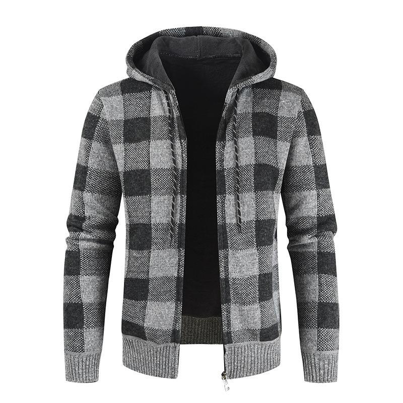 Mens Plus Velvet Thick Hooded Casual Plaid Knitted Cardigan Sweater Jacket - Image 5