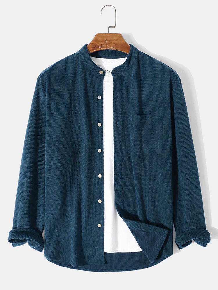 Mens Pure Color Stand Collar Corduroy Casual Long Sleeve Shirts - Image 3