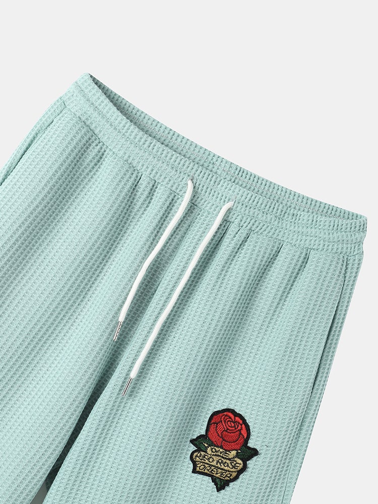Mens Rose Embroidery Patched Knitted Short Sleeve T-Shirt & Shorts Casual Co-ords - Image 9