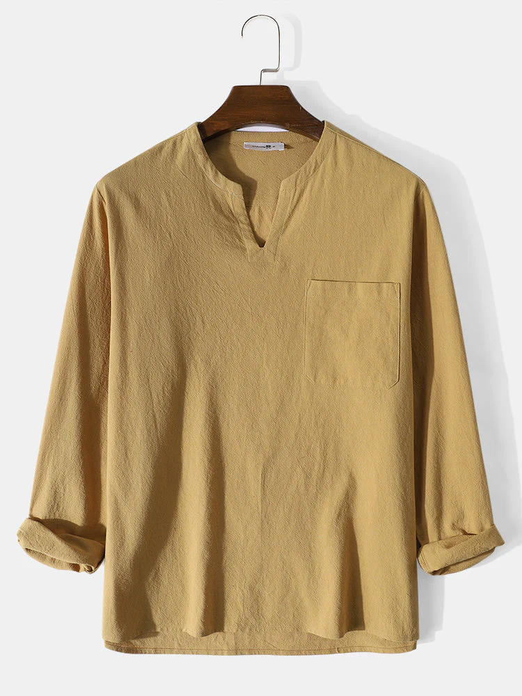 Mens Simple Solid 100% Cotton V-Neck Long Sleeve Shirt - Image 2