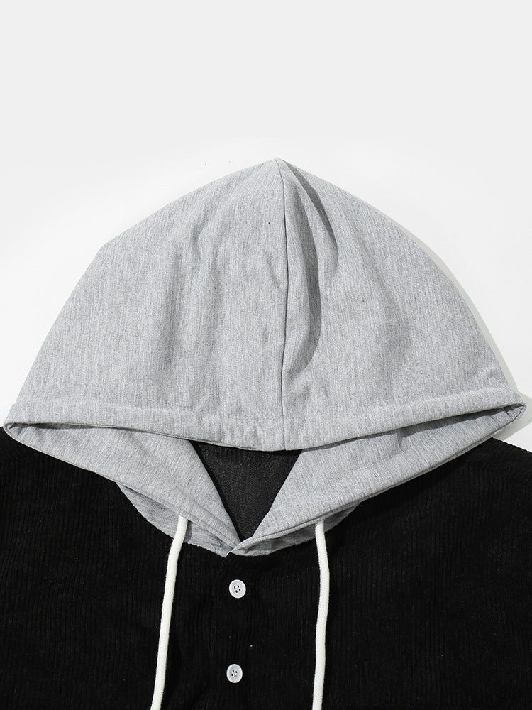 Mens Solid Corduroy Hooded Shirt Casual Two Pieces Outfits With Drawstring Shorts - Image 3