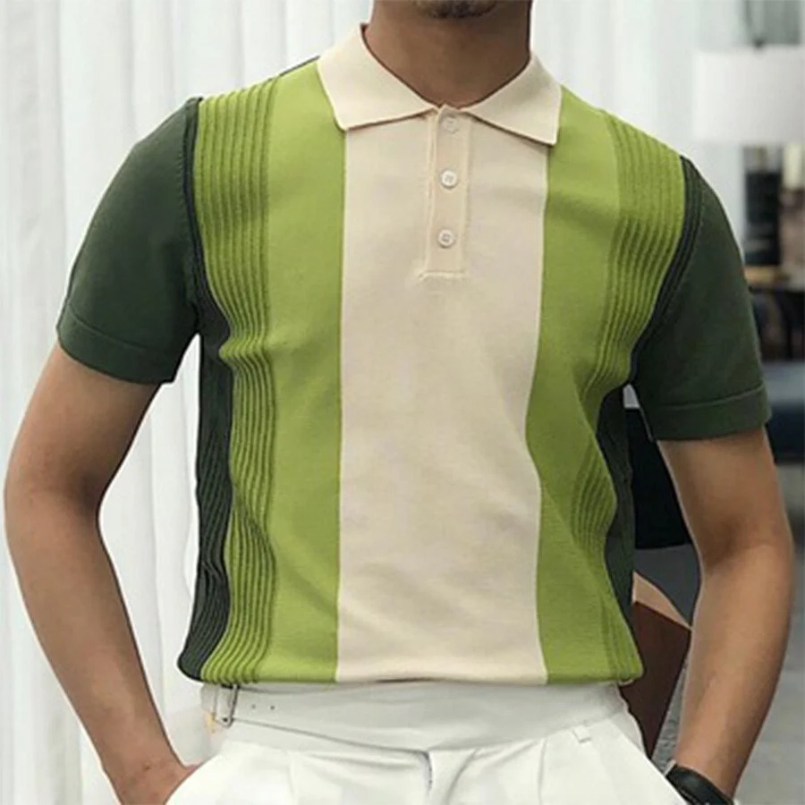 Men's striped color-block short-sleeved sweater T-shirt - Image 2