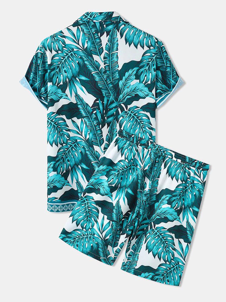 Mens Summer Holiday Revere Collar Tropical Leaf Pattern Baroque Two Piece Outfits - Image 2