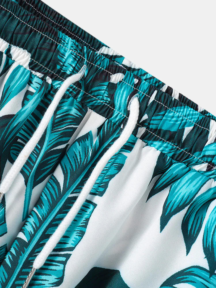 Mens Summer Holiday Revere Collar Tropical Leaf Pattern Baroque Two Piece Outfits - Image 9