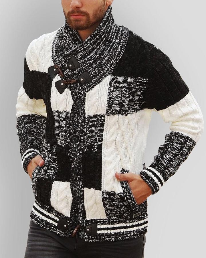 Men's Winter Cardigan with Chunky Knit Patchwork with High Collar - Image 2