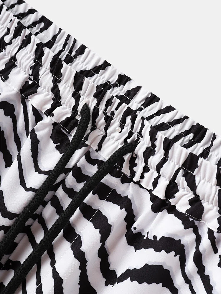 Mens Zebra Pattern Revere Collar Shirt & Drawstring Shorts Two Piece Outfits - Image 9