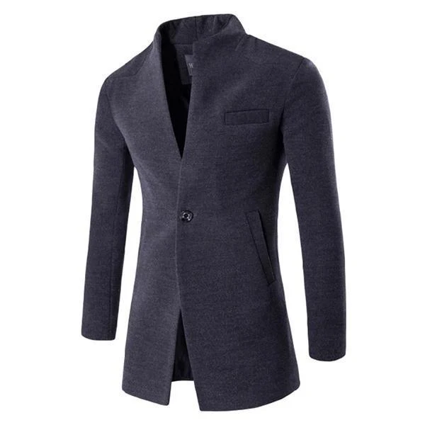 One Button Stand Collar Slim Fit Wool Coat - Image 3
