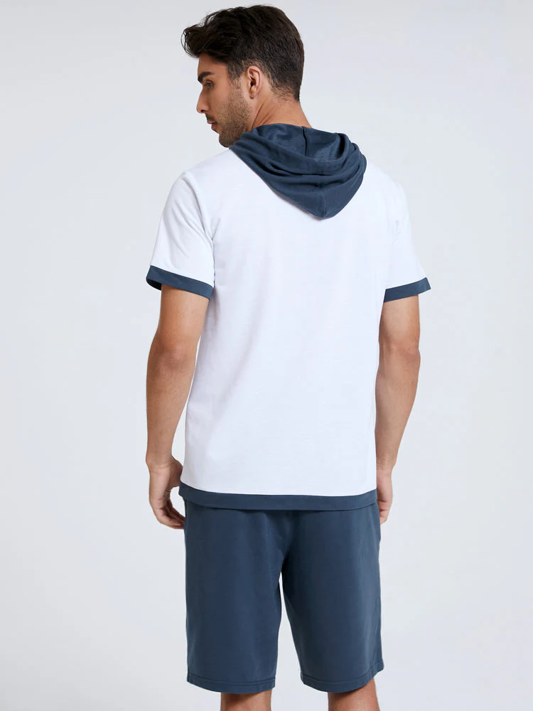 Preppy Style Two Tone Hooded Short Sleeve Drawstring Two Piece Outfits - Image 4