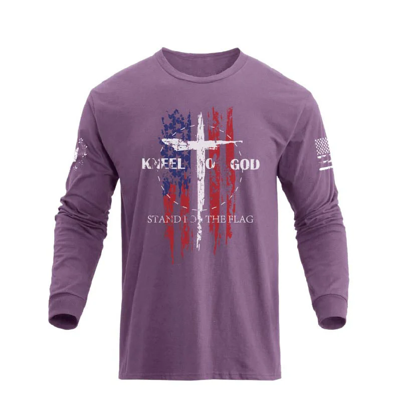 Men's 100% Cotton American Flag with Cross Graphic Round Neck Long Sleeve T-Shirts - Image 25