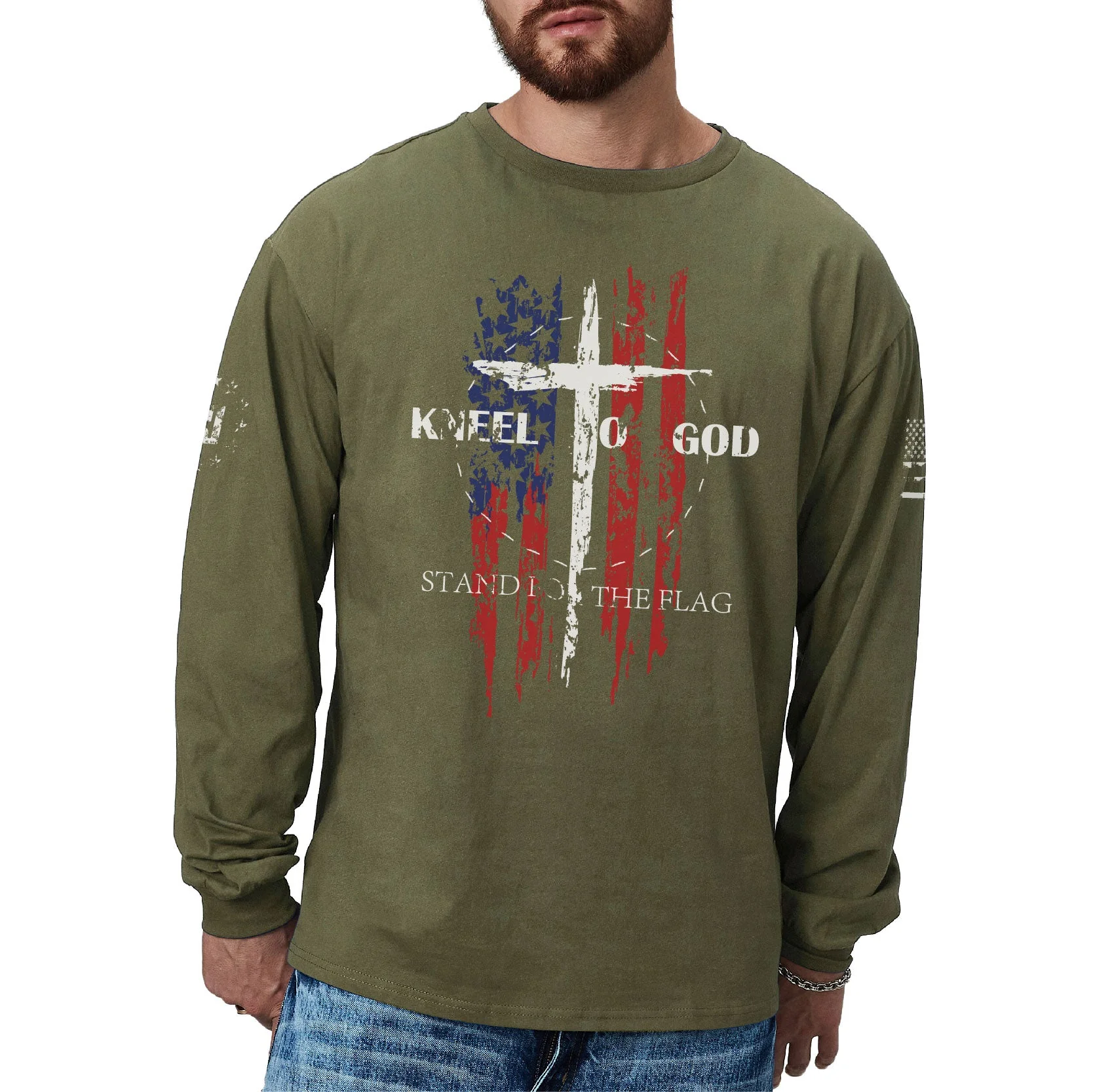Men's 100% Cotton American Flag with Cross Graphic Round Neck Long Sleeve T-Shirts - Image 35