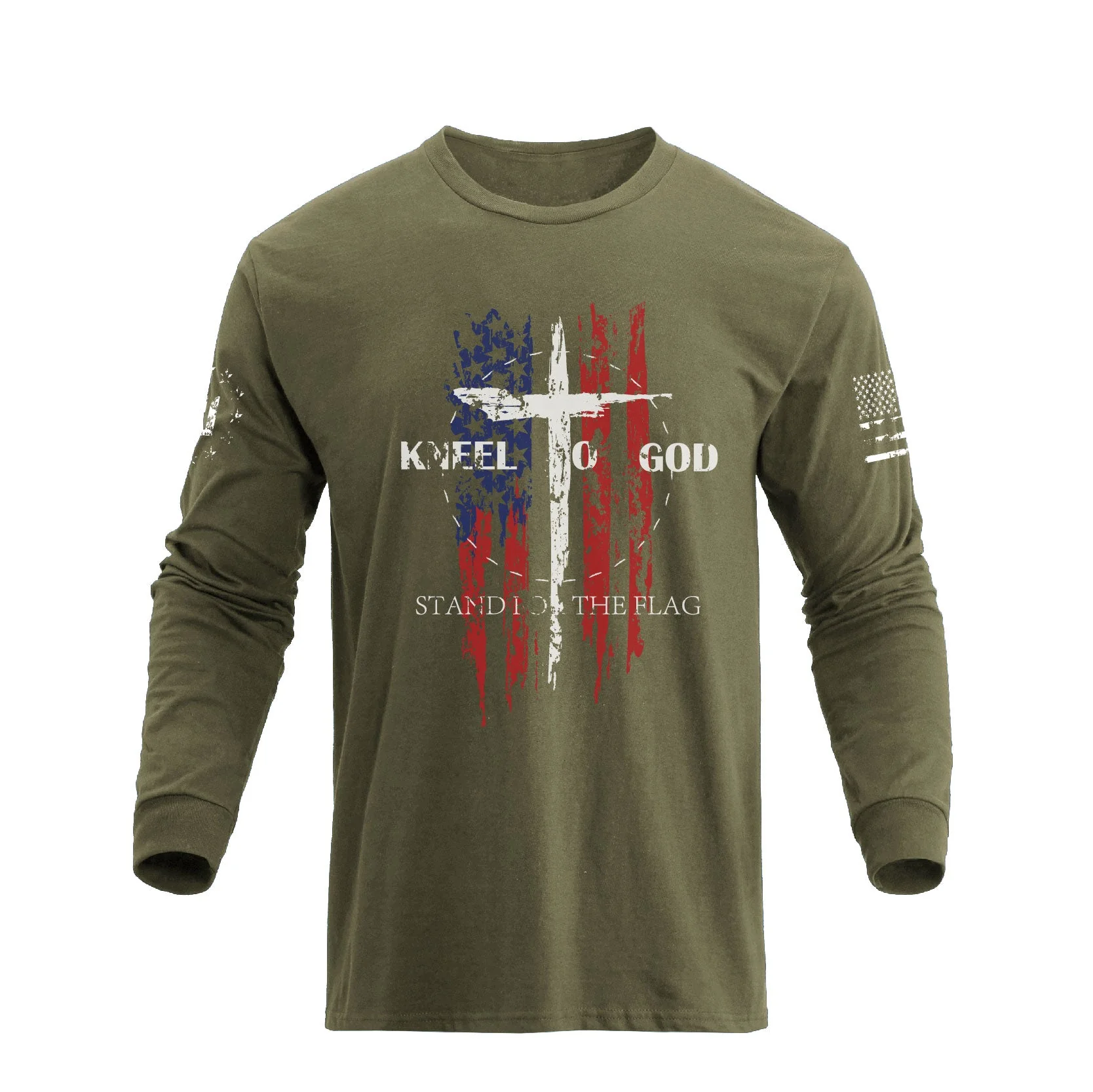 Men's 100% Cotton American Flag with Cross Graphic Round Neck Long Sleeve T-Shirts - Image 5