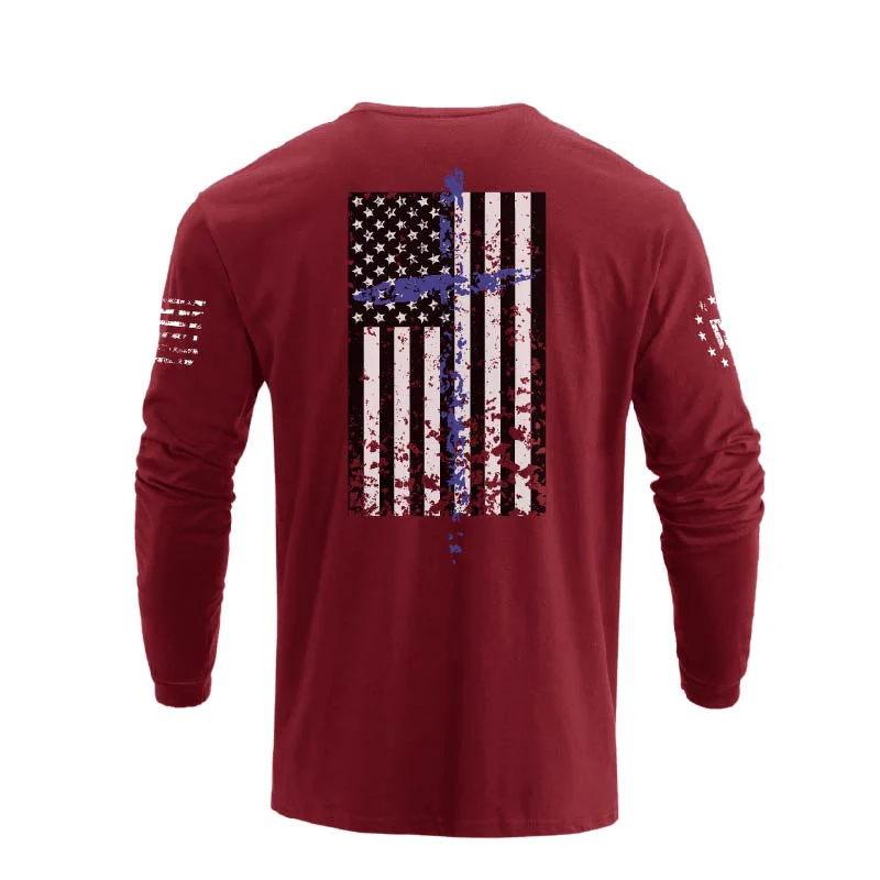 Men's 100% Cotton Patriotic American Flag Cross Graphic Midweight Long Sleeve T-shirts - Image 20